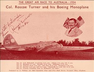 Postcard with the smiling face of a pilot hovering above an airplane parked at an airfield